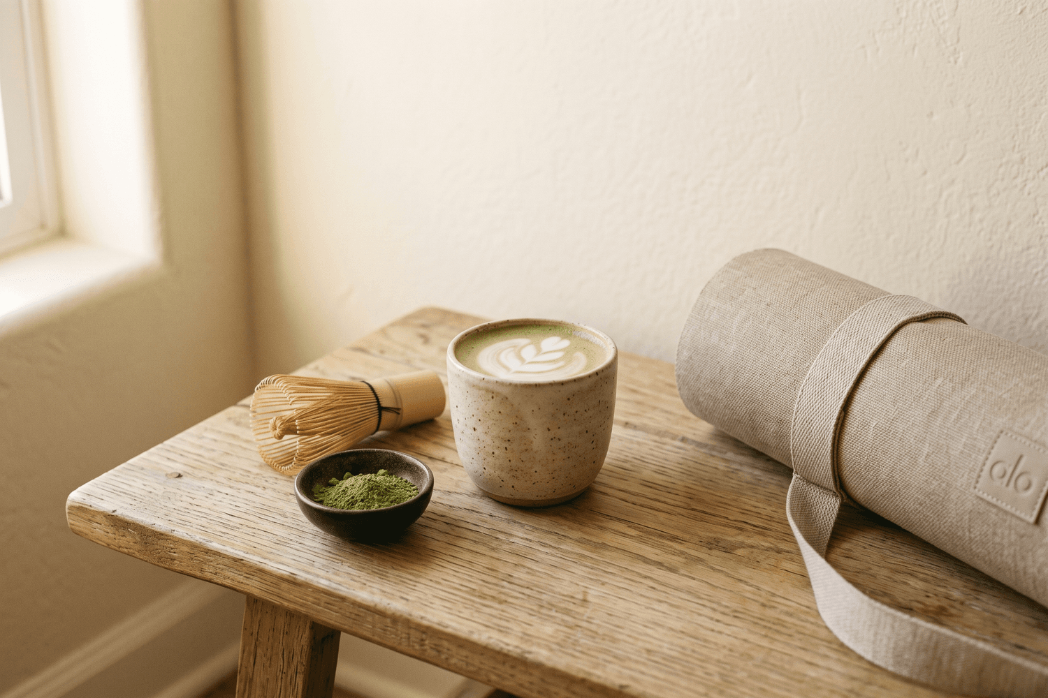 Matcha late sa bambusovom metlicom pored smotane strunjače